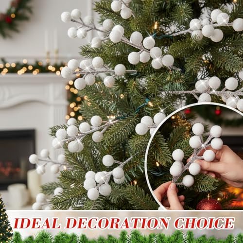 Geosar 30 Pieces Artificial Christmas Berry Picks with Snowflake Glitter Holly Berry Stems for Christmas Tree Ornaments Vases DIY Crafts Wedding Party Holiday Decor(Glitter White)