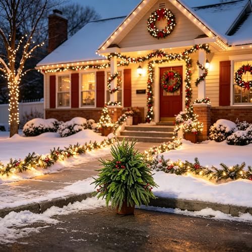 FJAKA 2 Pack 24" Christmas Tree Urn Fillers for Outdoor Planters, Artificial Greenery Cedar Pots with Pine Cones and Red Berry, for Front Porch, Garden, Cemetery Yard and Holiday Decor
