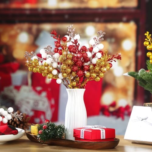 Geosar 36 Pcs Christmas Glittered Berries Stems, Red, White, Gold