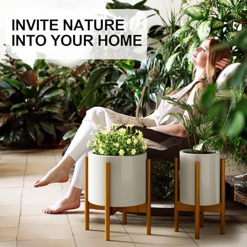 MUDEELA Plant Stand for Indoor, Bamboo Material, Pale Brown, 14.5 Inch Tall