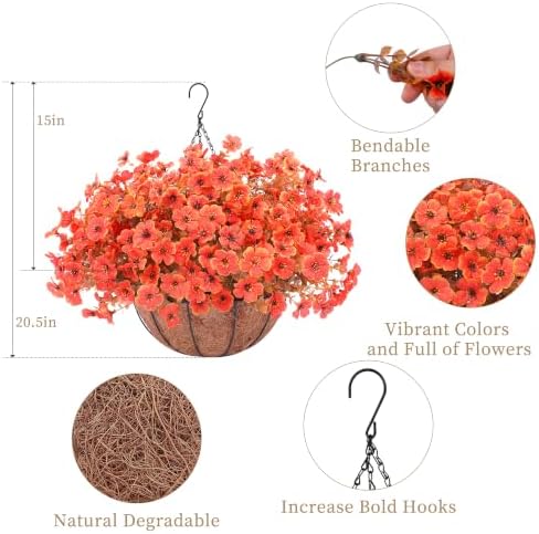 2 Set Artificial Fake Mums Flowers Plants with Hanging Basket for Outdoor,2 Hanging Planters with 24 Pcs Faux Plastic Silk Mums Fall Flowers for Outside Autumn Porch Garden Patio Home Decor (Orange)