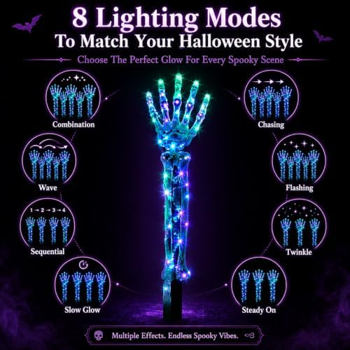 Solar Halloween Decorations Outdoor Light up Chains Skeleton Powered Yard Lights Skull Pathway Ground Breaker Stake Witch Glowing Cauldron for Spooky Haunted Garden Festive Themed Display