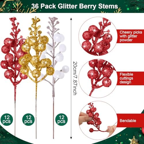 Geosar 36 Pcs Christmas Glittered Berries Stems, Red, White, Gold