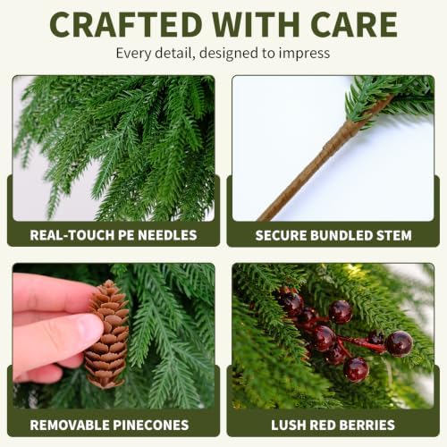 VivaFaux Artificial Norfolk Pine Branches, 20-Piece Set with LED Lights