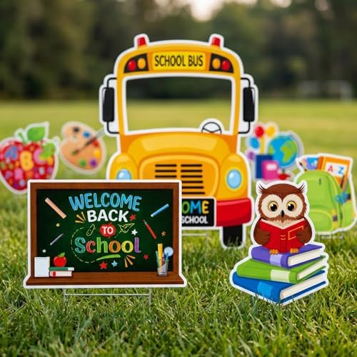 Rngmsi Back to School Yard Sign, 7PCS Back to School Garden Yard Signs Decorations with Stake, School Bus Shaped First Day of Classroom Decor for Lawn Garden Outdoor Supplies