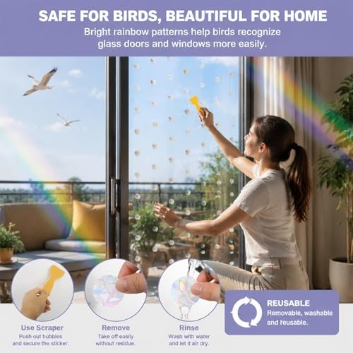 144 Pcs Static Circle Anti-Bird Collision Window Clings, Non Adhesive Prismatic Vinyl Rainbow Suncatcher Stickers, Reusable Window Decals to Prevent Bird Strikes with Scraper
