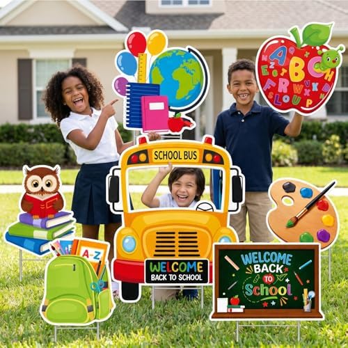 Rngmsi Back to School Yard Sign, 7PCS Back to School Garden Yard Signs Decorations with Stake, School Bus Shaped First Day of Classroom Decor for Lawn Garden Outdoor Supplies