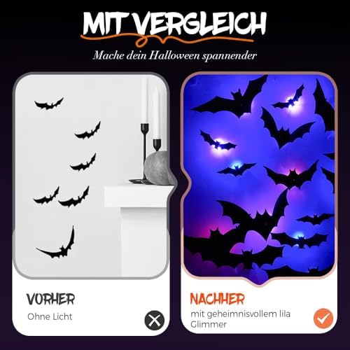 Spooky Glow 3D LED Bat Wall Decor, Halloween Lighted Flashing Bats (24Pcs)