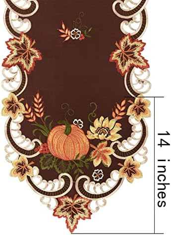 Simhomsen Brown Embroidered Thanksgiving Harvest Pumpkins Table Runners for Autumn Or Fall Decorations (14 × 54 Inches)