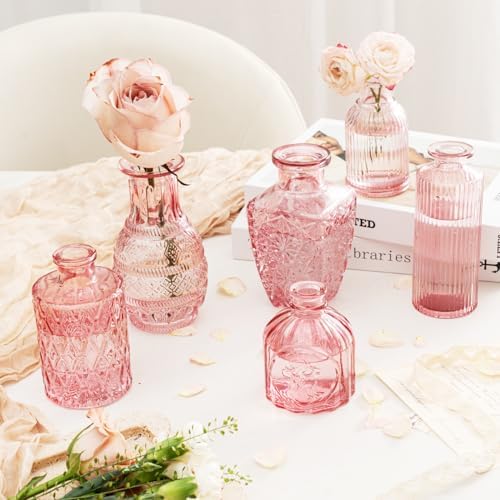 Clear Pink Glass Bud Vase Set of 12 Pcs,Small Bud Vases in Bulk,Glass Crystal Flower Vases Table Centerpieces for Party Event Wedding Decor Baby Shower Decorations (Pink, 12 Pcs)