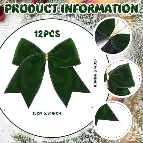Janinka 12 Pcs 6 Inch Christmas Velvet Bows for Wreath Decoration, Green