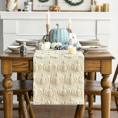 Artoid Mode Beige Soft Faux Fur Pumpkins Fall Table Runner 13x60 Inch