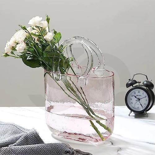 Glass Vase with Elegant Purse Design, Hand Purse vase with Fish Bowl, Unique Flower Vase with Handle and Bubbles - for Home Decor/Office/Garden/Wedding Decor/Enterpiece/Events(Light Pink)