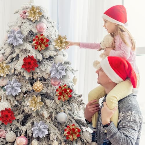 48 Pcs Christmas Poinsettia Artificial Flowers with Clips 5.5" Christmas Tree Wreaths Garland Decoration Glitter Flowers Picks Decor with Stems for DIY Xmas Wreath New Year Holiday Home Party Decor