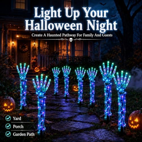 Solar Halloween Decorations Outdoor Light up Chains Skeleton Powered Yard Lights Skull Pathway Ground Breaker Stake Witch Glowing Cauldron for Spooky Haunted Garden Festive Themed Display