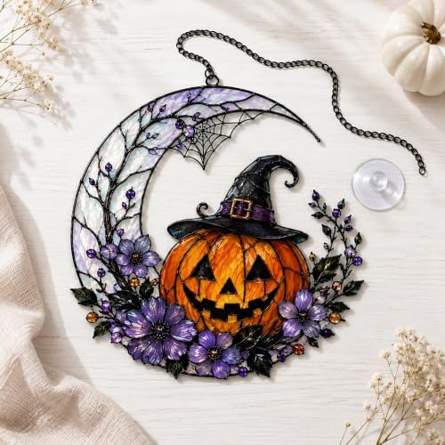 Halloween Window Decor, Witch Hat Jack O Lantern Pumpkin Moon Suncatcher