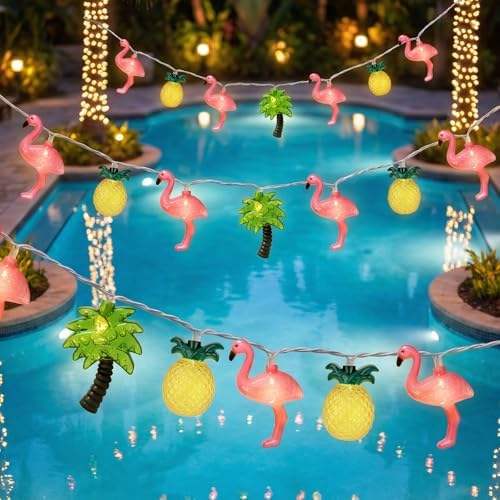 12FT 20LED Summer Hawaiian Themed Party Decorations Lights - LED Tropical Hawaiian String Lights Flamingo Pineapple Palm Tree Lights Waterproof for Summer Tropical Pool Beach Luau Party Decorations