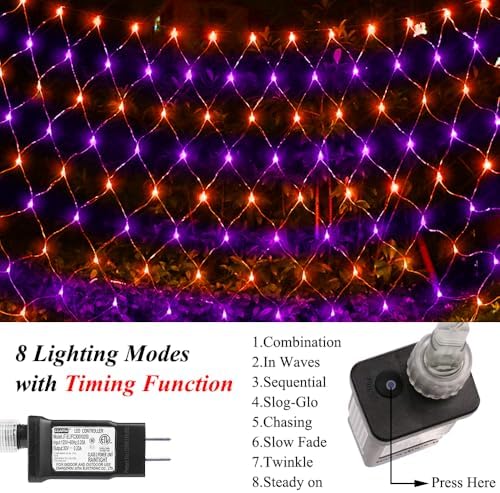Net Light Outdoor Mesh Christmas Decorations, 100LED String Light Plug in Connectable Tree Warp Hanging 5ft x 5ft for Halloween, Shrubs, Lawn, Backyard, Walkway, Bushes, Garden Decor-Orange&Purple