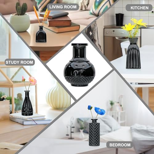 Black Flower Vase Set, Glass Bud Vase in Bulk Set of 8,Artistic and Cultural Flavor Mini Vases for Home Office Decor, Bedroom, Office, Living Room Decorations,Wedding