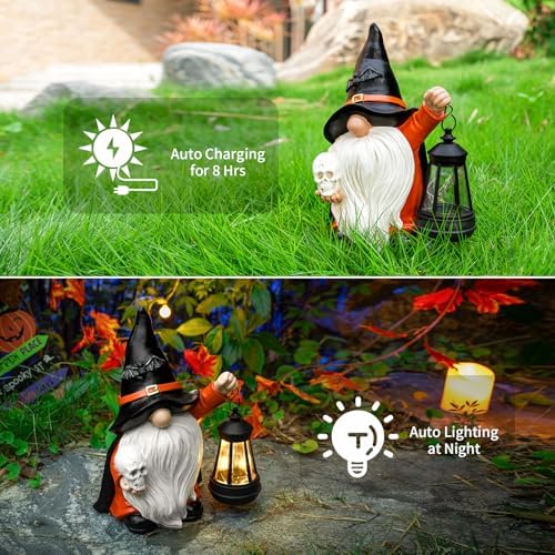 Halloween Gnome Decoration Garden Statues with Skull Solar Gnomes with LED Lantern Halloween Outdoor Porch Patio Yard Art Ornament Holiday Gardening Gifts for Mom Women