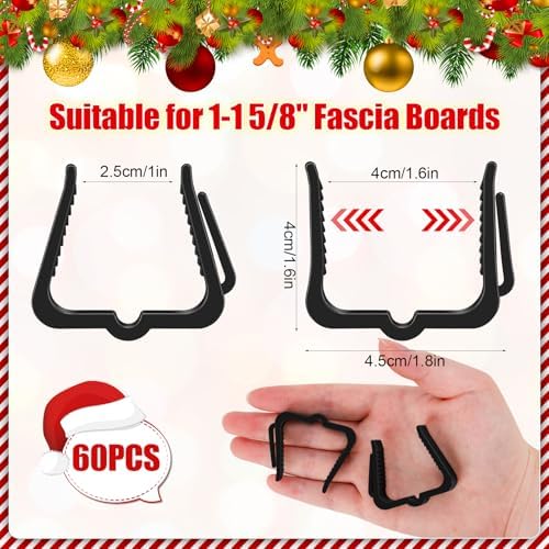 SelfTek 60 Pcs Christmas Light Clips Hooks, 1 5/8" Fascia Board Clips, Weatherproof Plastic Gutter Clips for Hanging Outdoor Lights, Holiday Light Clips Light Hangers for Roof Gutter Fence Eave-Black