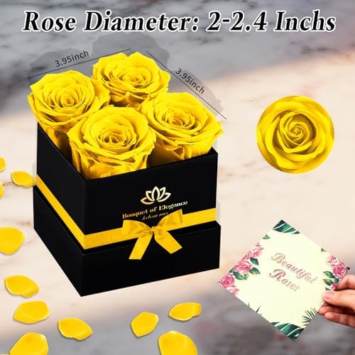 Yellow Forever Flowers Roses in A Box,Real Preserved Flowers,Preserved Roses,Forever Flower Gifts for Women/Men/Mom,Flowers for Valentine's Mothers Day