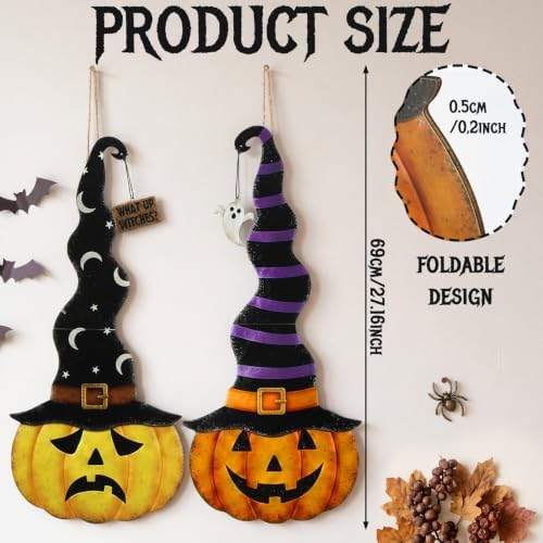 RattanView 2 Pack Halloween Pumpkin Door Hanger Front Door Sign Decor