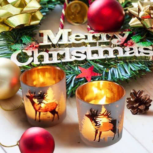 SHMILMH Christmas Votive Candle Holders Set of 4, Gold and Silver Glass Tealight Candle Holders for Xmas Table Centerpiece Decorations, Christmas Candle Jar for Candle Making