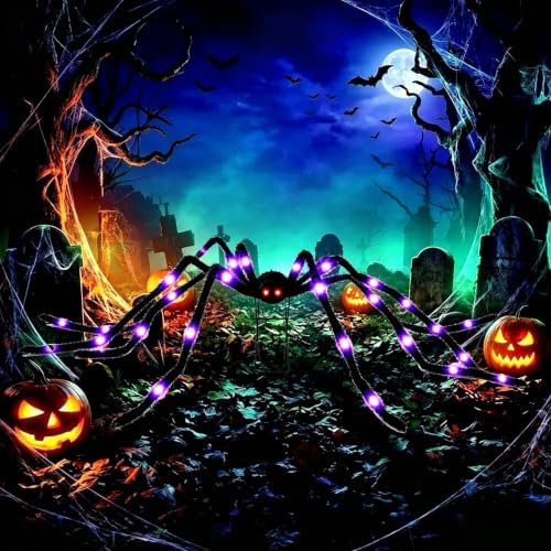 6.6 FT(Wide) Halloween Giant Spider with 9'' Metal Stand, 38 LED Lights, 8 Modes Light-Up Large Spiders Outdoor Decorations, Spooky Props for Yard, Lawn, Porch, Haunted House Décor