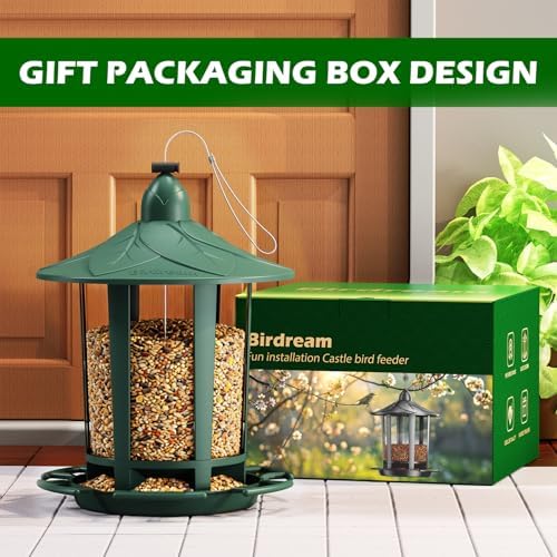 Birdream 2 Pack Bird Feeders for Outdoor Hanging, Assembly Required, 1-Min Easy Setup, Charming Castle Design, Attracting Cardinals Chickadees Goldfinches & Sparrows - Green