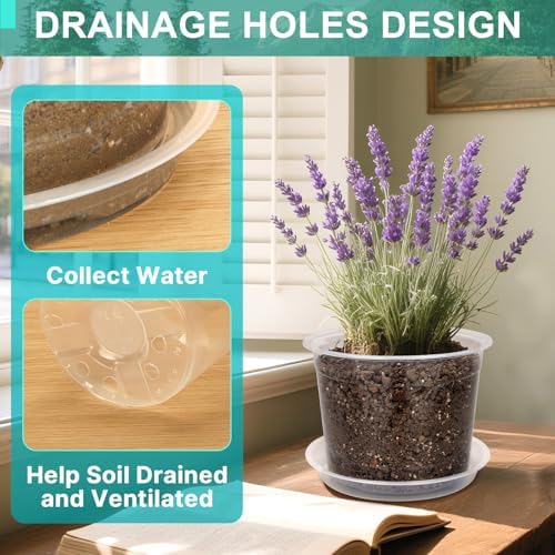 OUPSAUI 8 Inch Clear Nursery Pots with Drainage and Saucer, 5 Pack Large Plastic Pots for Plant, Seedling Starter Pot, Garden Pots for Succulents Flower Vegetables Herb