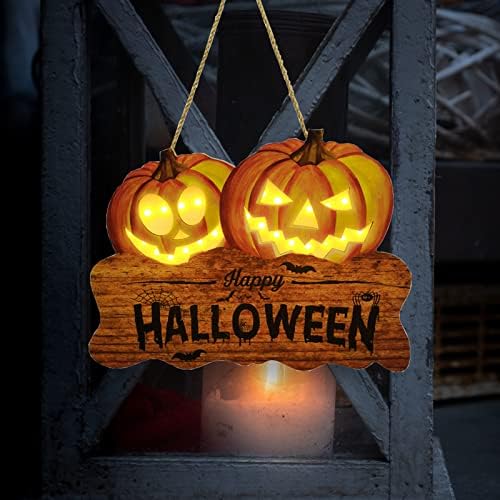 Light Up Happy Halloween Door Sign, 2 Jack O Lanterns, 12 Inch