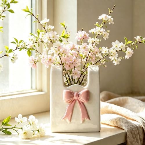 Ceramic Flower Vase Small Purse Vase White Bow Bag Vases Cute Home Decor Flower Vases for Centerpiece Table Shelf Living Room Women Gifts