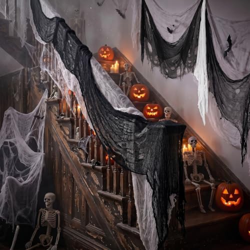 6 Pack Creepy Cloth 30 x 72 Inch, Spooky Halloween Polyester Decorations Scary Gauze Cloth Doorways Indoor Halloween Decorations Outdoor Yard Home Wall Decor(4 Black 2 White)