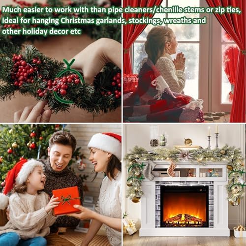 100PCS Christmas Garland Ties Green Fuzzy Chenille Stems Decorative Garland Twist Ties Reusable Holiday Wreath Hanger Fuzzy Sticks for Banister Railing Staircase Wreath Making Xmas Tree Craft Supplies
