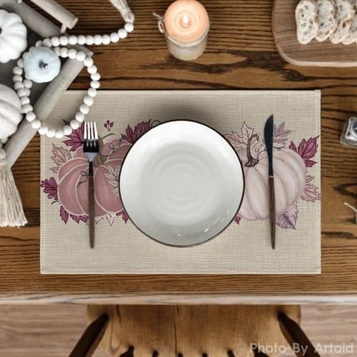 Artoid Mode Pink Pumpkin Leaves Fall Placemats Set of 4-12 x 18 Inch