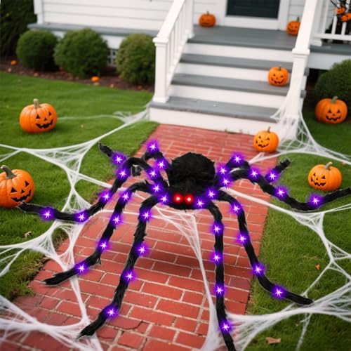 Thuodo 6.6 FT Giant Halloween Light Up Spider, Purple Glowing Hairy Spider