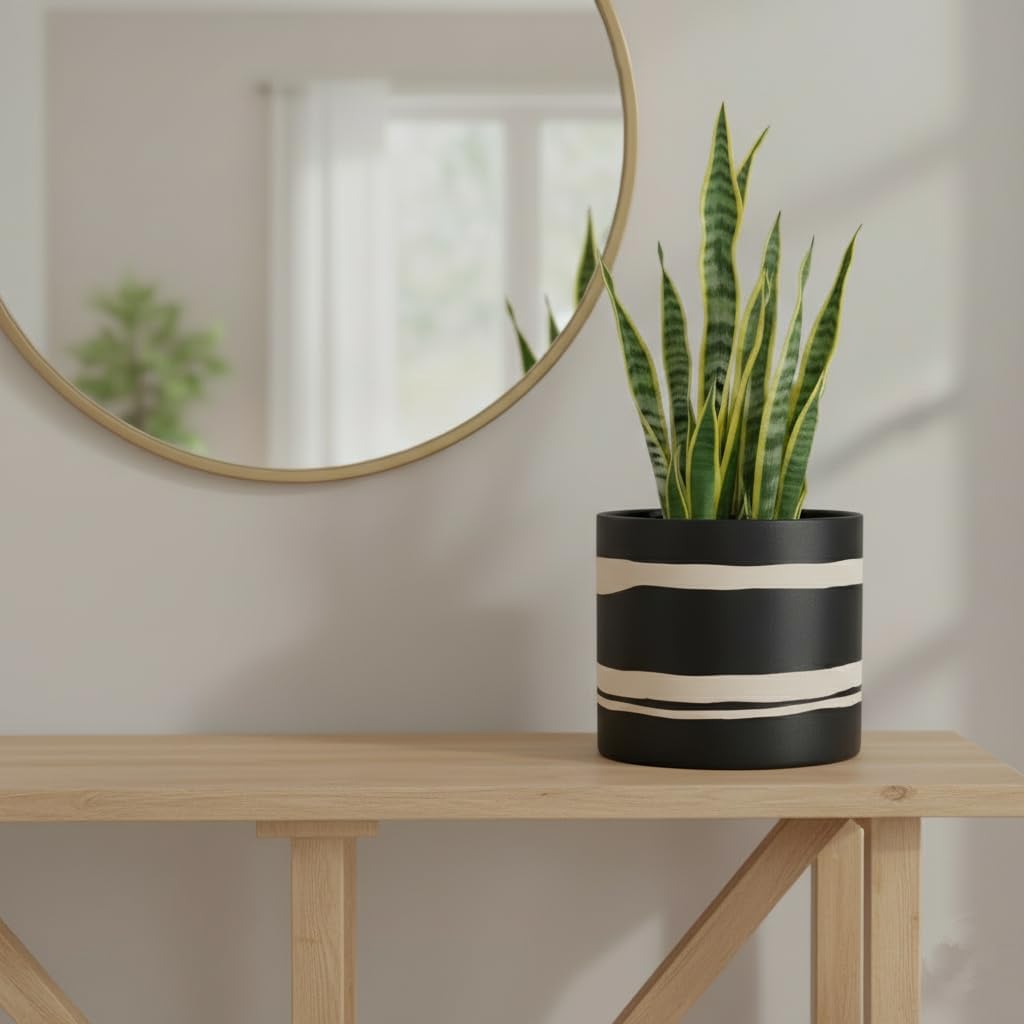 Nihow Ceramic Modern Plant Pot with Drainage for Indoor Plants,5+7 inch | set of 2,Black,Cylinder Flower Pot with