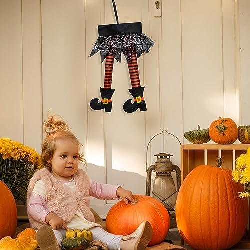 2PCS Halloween Witch Legs 18inch Plush Stuffed Orange Purple Witch Legs with Shoes Novelty Hanging Decoration for Front Door Sign Wall Hanger Wreath Halloween Party Home Decoration Supplies (A)