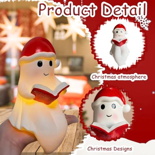 Christmas Reading Ghost Figurine Xmas Hat Spooky Glow in the Dark Statues