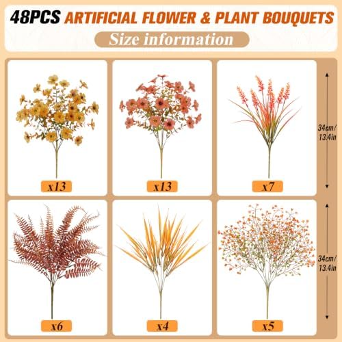 Alupssuc 48 Bundles UV Resistant Artificial Fall Flowers for Outdoors Decor