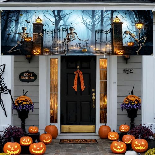 118"x35" Extra Large Happy Halloween Banner Big Spooky Halloween Backdrop for Giant Outdoor Yard Easy Hang with Ropes&Grommets–Perfect for Fence, Porch, Garden, Haunted House Party Signs (Skeleton Gate, 118"x35")