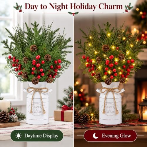 Christmas Table Decor with Metal Pot, Winter Xmas Centerpieces for Tables