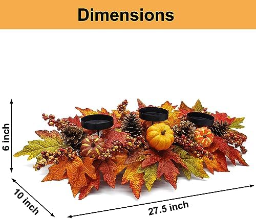 Fall Centerpiece Table Decorations, 27.5'' L Assorted Artificial Pumpkins, Pine Cones, Berries, and Autumn Leaves Harvest Table Candle Holder for Dinning Table, Fireplace Mantel (Candle Not Included)
