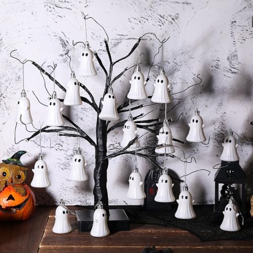 Lunmon 24 Pcs Classic Ghost Halloween Ornaments 2.2" Plastic with Rope