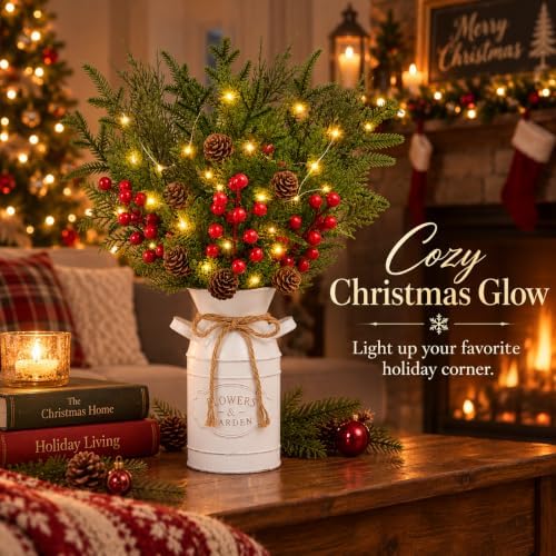 Christmas Table Decor with Metal Pot, Winter Xmas Centerpieces for Tables