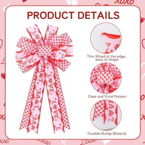 TONIFUL Valentine Tree Topper Bow with Pink Love Heart Valentines Burlap Wreath Bow for Front Door Home Decor Wedding Anniversary Proposal Party Decor(11" x 20"