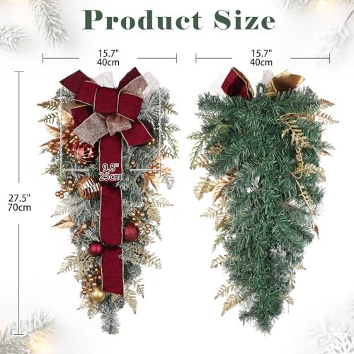 Christmas Teardrop Swag for Front Door with Ornaments, Berries, Bow, 27.5" Christmas Swag Wreath for Stair Window Wall Mantel, Artificial Christmas Swags for Xmas Winter Holiday Decorations, Burgundy