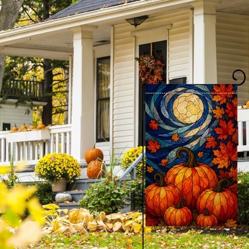Fall Pumpkin Garden Flag 12x18 Stained Glass Yard Decor
