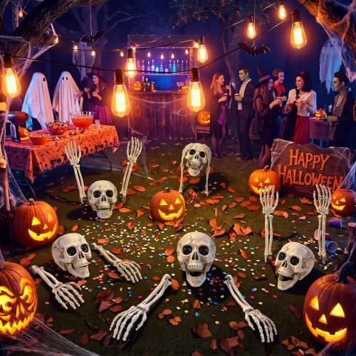 Chunful 18 Pcs Halloween Skeleton Stakes Decoration, Skull Head Arms, White
